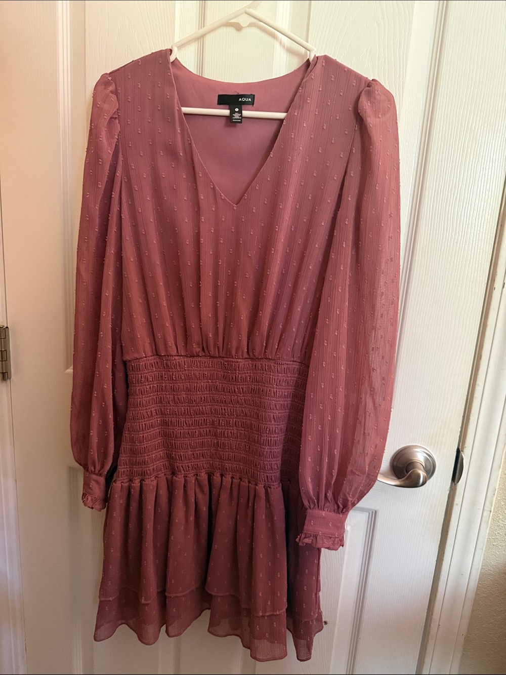 Aqua Dusty Rose Long-Sleeve V-Neck Smocked Waist Dress
